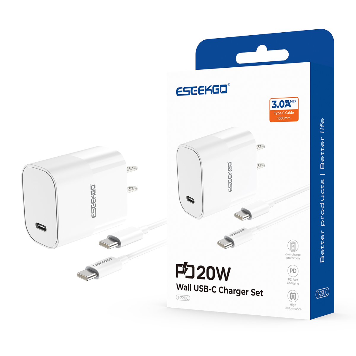 USA STOCK ESEEKGO T-22UC Travel Adapter (20W US Standard ) With 3.3FT Type-C To Type-C Fast Charging Cable With Retail Package ship in 2 days
