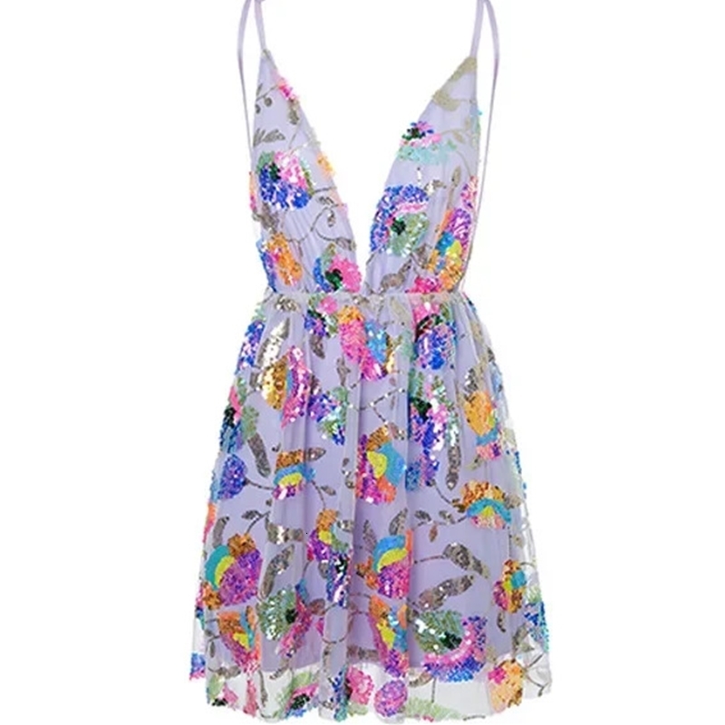 Sexy Deep V Backless Sequin Floral Tie Women Short Dress 250324