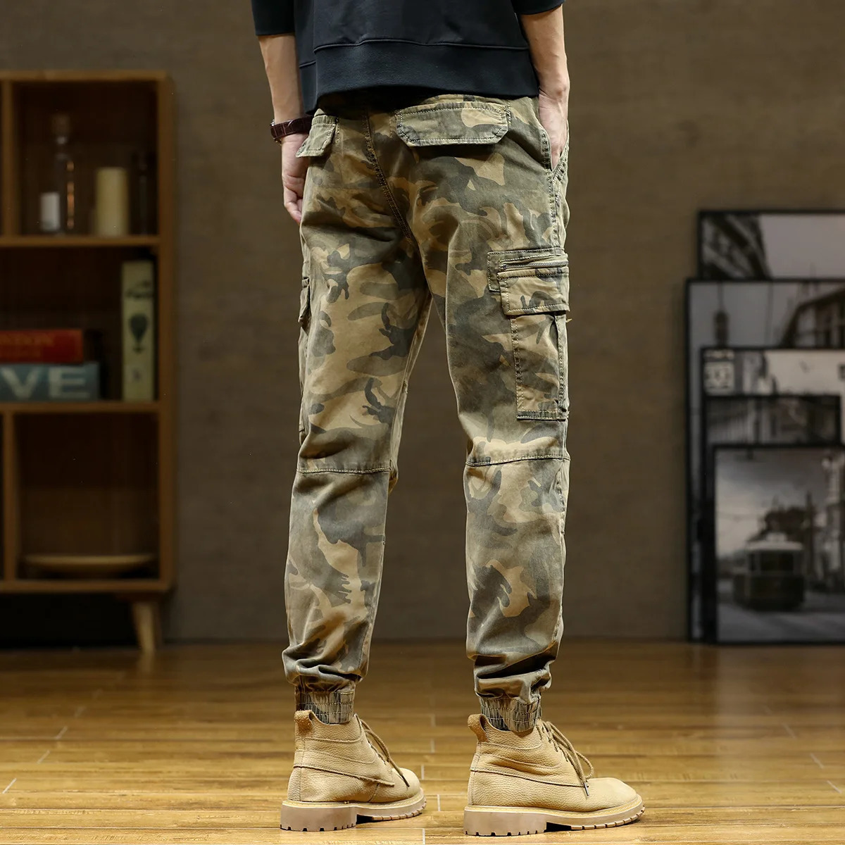 Ankle Length Mens Cargo Pant Cotton Stretch Casual Camouflage Trouser Male Camo Cuff Jogger Multi Zip Pocket Outfit Zipper Tied 250322