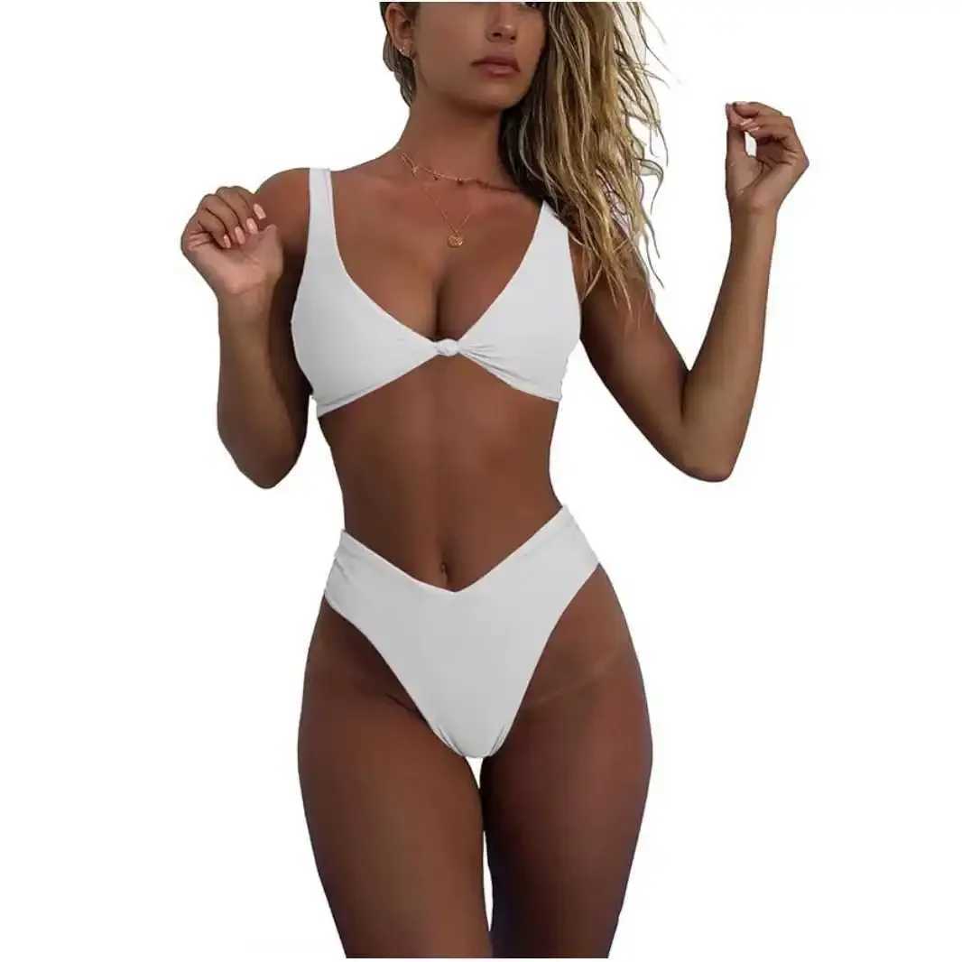 Sexy high waisted bikini set womens solid color bow design 2 swimsuits compass and American crossover styleXJ250324
