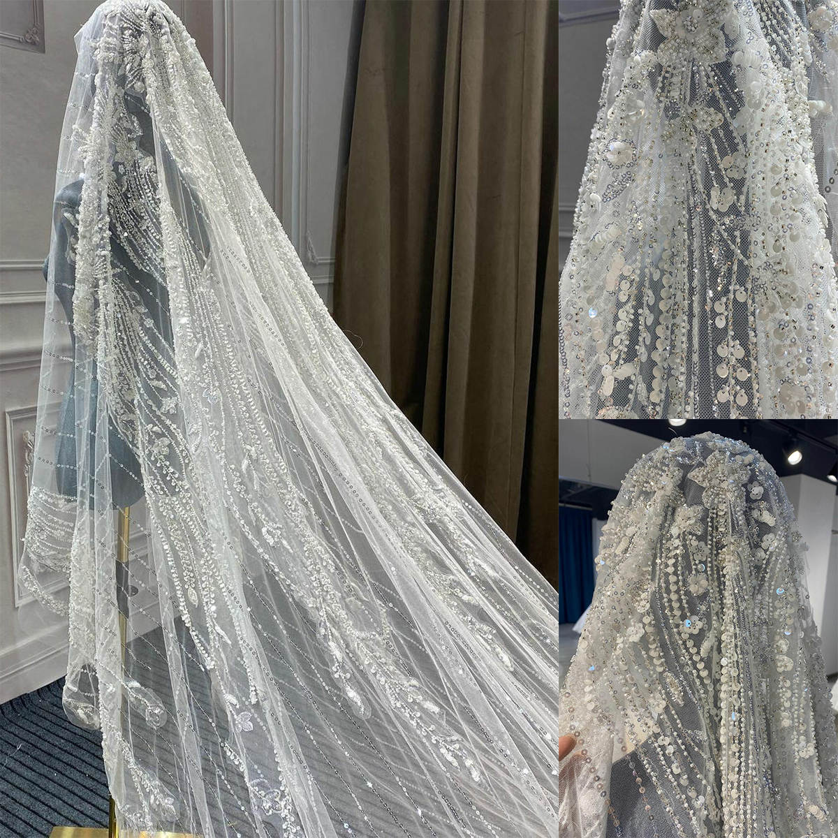Luxury Wedding Veils One Layer Tulle Appliques Lace Tulle Sequins Bridal Veil Cut Edge Customized Length Veils Customized