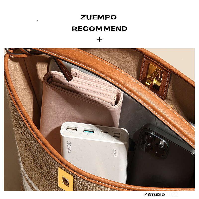 Women's Bags new niche design bucket high-end sense, contrasting color canvas woven bag, handle bag
