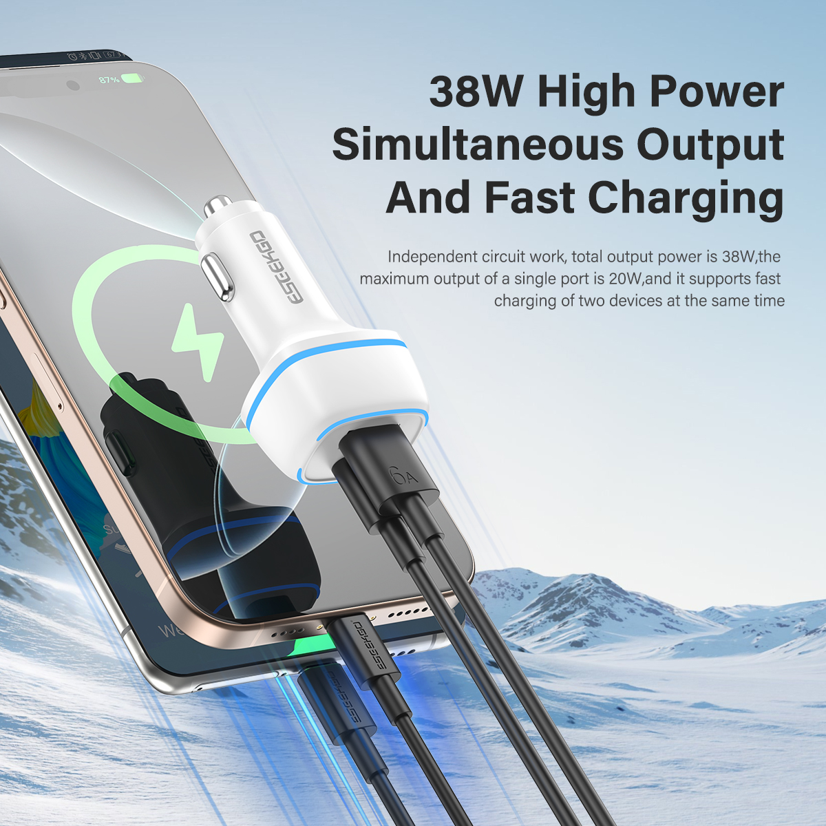 USA STOCK ESEEKGO C-15BT fast charging 38W LED QC3.0+PD20W Car Charger With Retail Package ship in 2 days (WHITE)