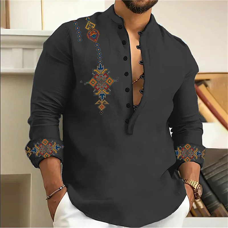 15-color mens shirt tribe pattern printing retro geometry leads outdoor street long-sleeved shirt super large size XS-6XL 250321