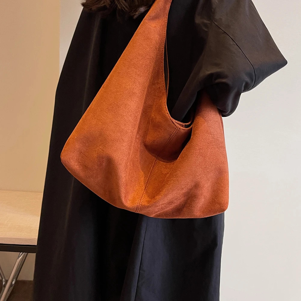 Women Suede Shoulder Bag Large Capacity Hobo Bag with Pocket Trendy Slouchy Bag for Work Travel Shopping 250324