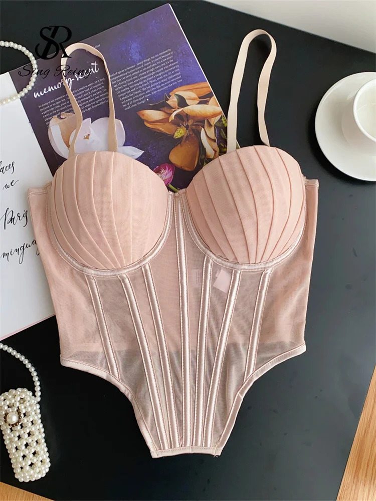 SINGREINY Fashion Solid Corset Lingerie Top Ladies Strap Sheer Mesh Slim Camisole American Retro Backless Beach Sexy Tank Top250324