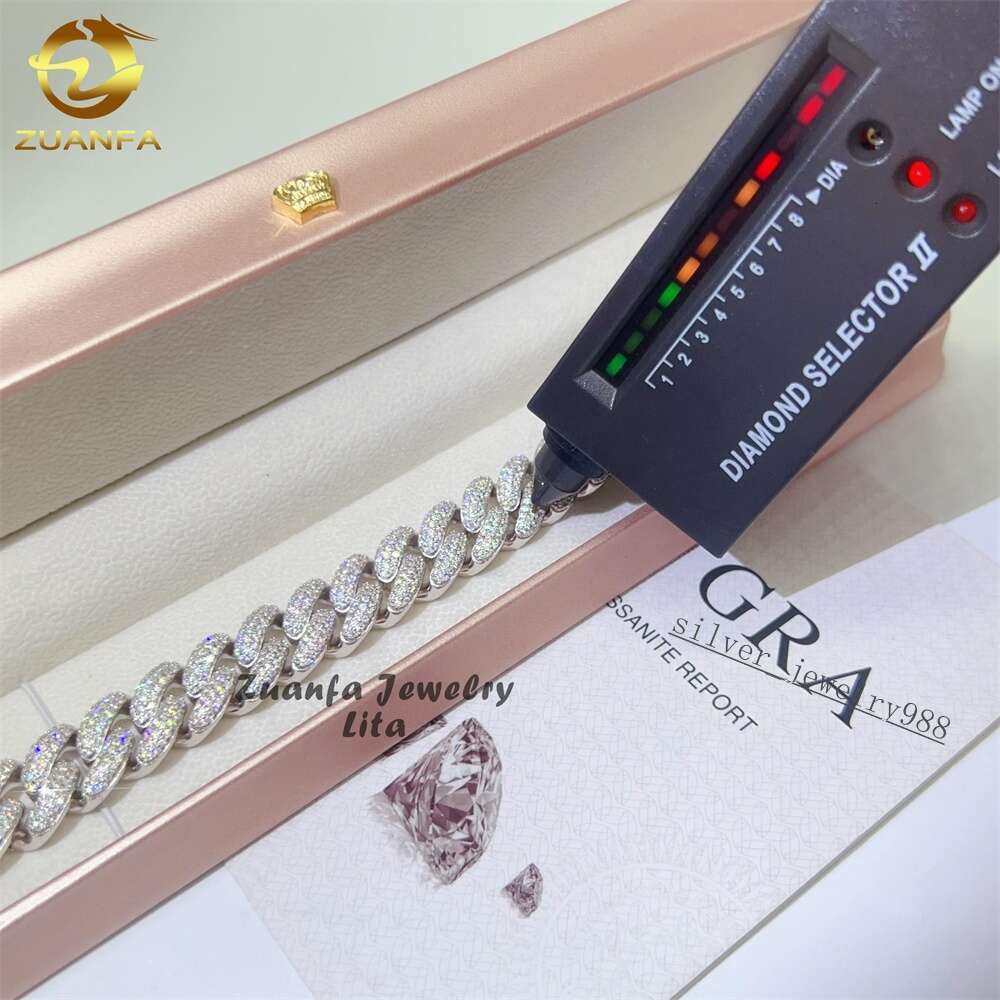 Hip Hop Rapper Silver 925 Mens Jewelry Iced Out Diamond 15mm 3 Rows Moissanite Cuban Link Chain Bracelet