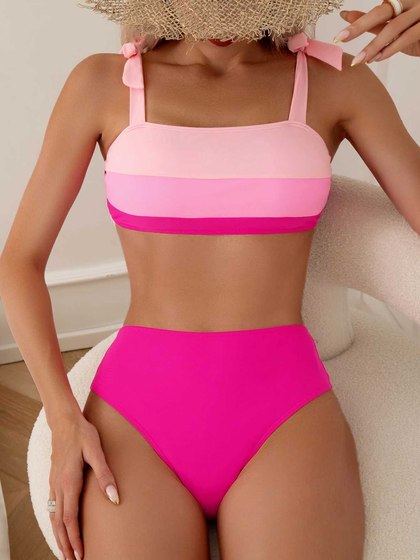 Sexy Tie Shoulder High Waist Bikini Set Two Piece Swimsuit Womens Apron Swimsuit Bandeau Brazil Biquini Beach WearXJ250324
