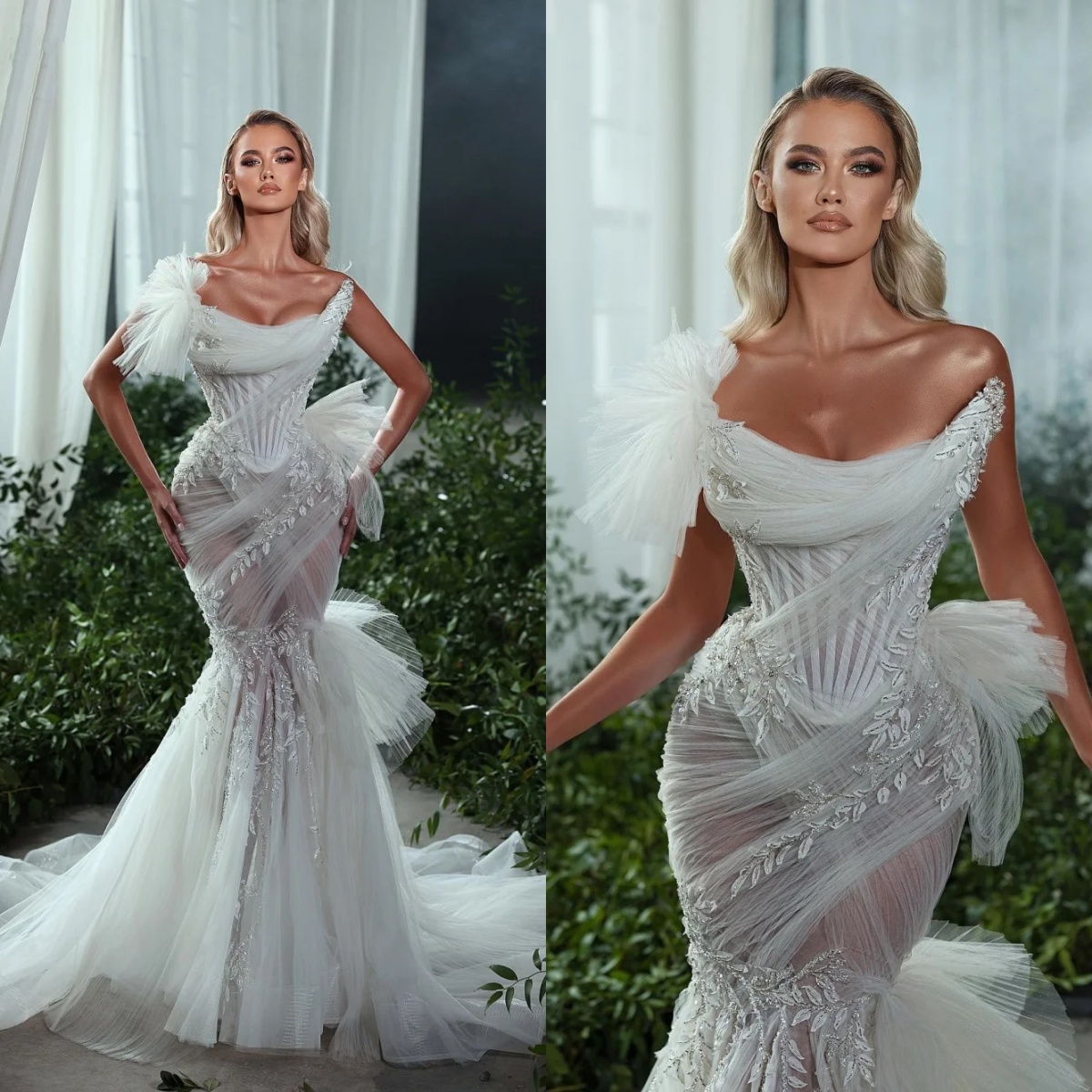 Designer Mermaid Wedding Dress Strapless Sleeveless Bridal Gowns Appliques Beaded Tulle Sweep Train Dresses Custom Made vestidos de novia