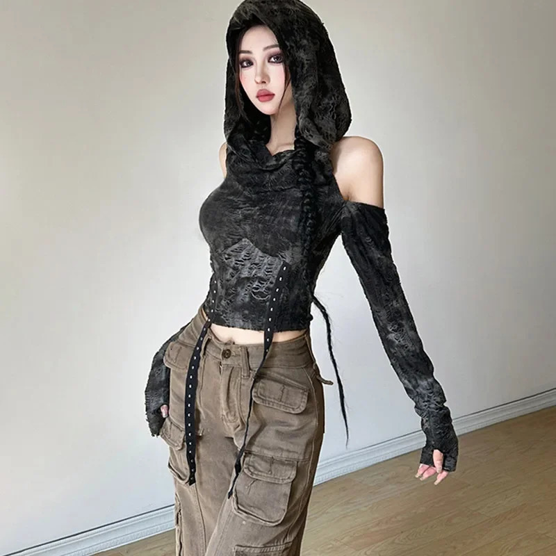 High-waisted Slimming Womens T-shirt Hooded Off-the-shoulder Long Sleeves Handmade Deconstructed Fashion Top Short Top 250317