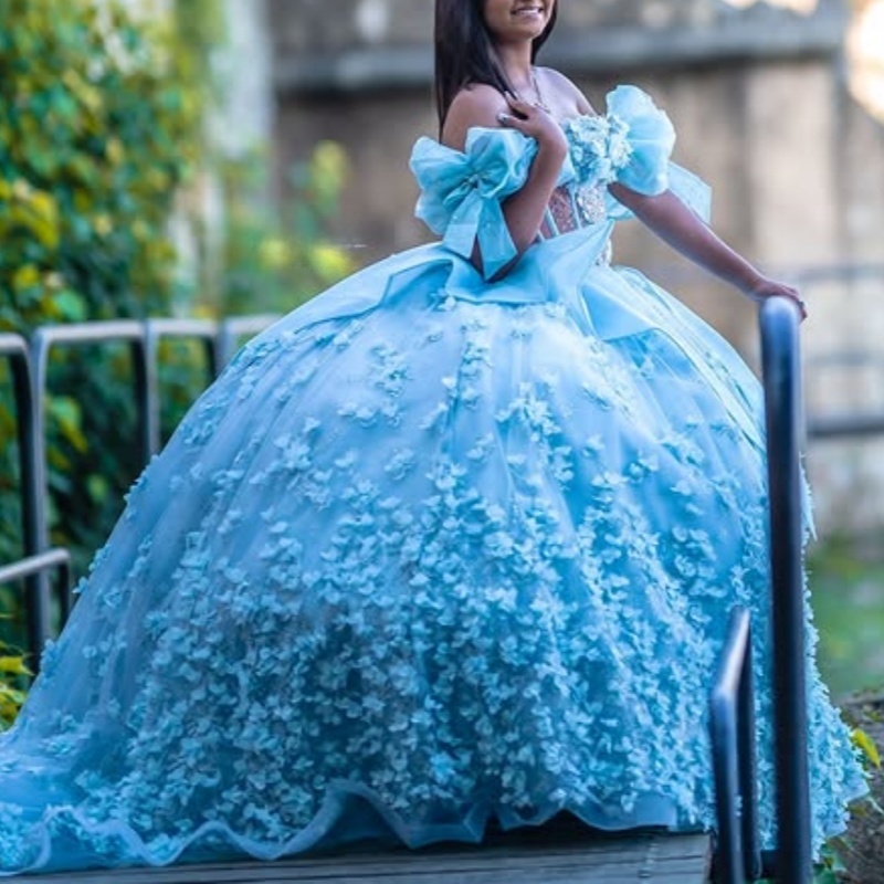 Blue Shiny Princess Quinceanera Dresses Appliqued Flower Beads Tull Bow Sweet 16 Dress Sweetheart Off Shoulder Ball Gown Vestidos 15 anos