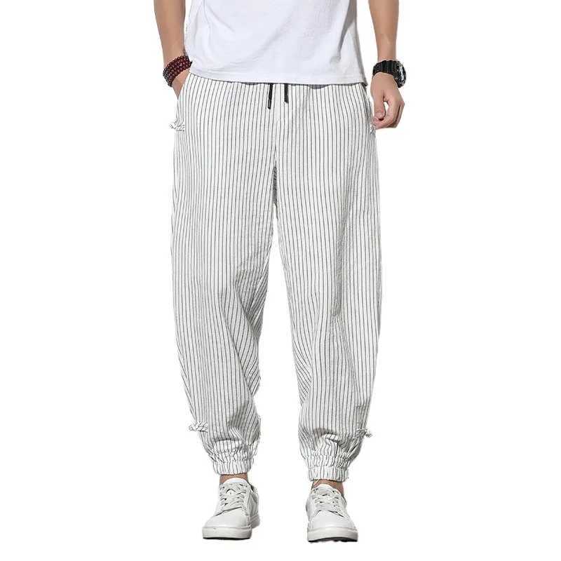 Mens Summer Casual Pants Spring/Summer Mens Striped Pants Loose Belt Sports Pants Summer Linen Cut Pants W250324