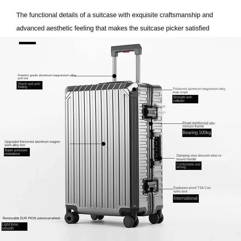 100% Aluminum-magnesium alloy Rolg Lage Aluminium Travel Suitcase Metal Trolley Case Universal Wheel Password Boarding Bag