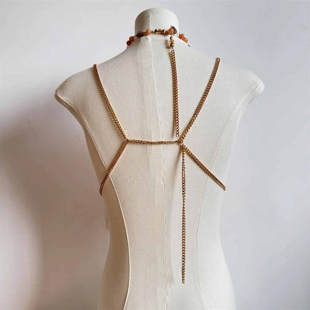 Ladies Body Chain Beading Camisole Vest Hollow Out Top Body Jewelry Exaggerated Pearl Neck Bustier Fashion Bra Women Club Rave250324
