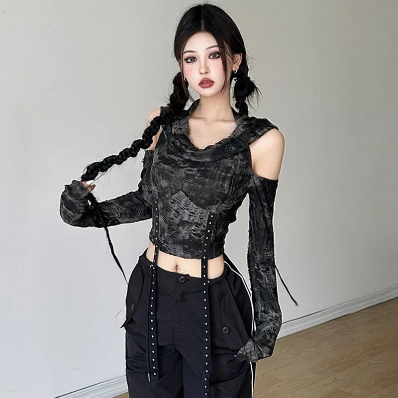 High-waisted Slimming Womens T-shirt Hooded Off-the-shoulder Long Sleeves Handmade Deconstructed Fashion Top Short Top 250317