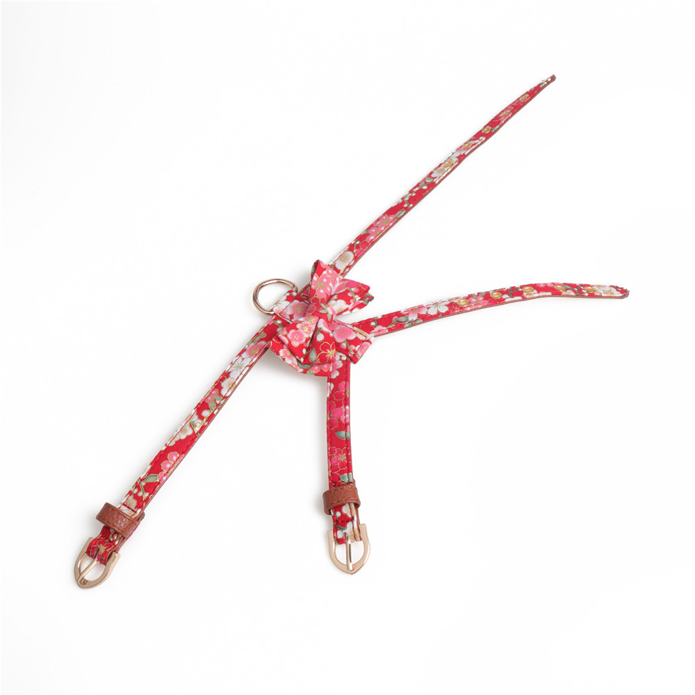 New K-shaped Bowknot Dog Harness Leash Set for Small Medium Dogs Puppy and Cats Walking No Pull Adjustable PU Leather Flower Print Harnesses Pet Acces