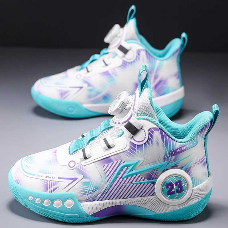 Childrens basketball shoes with leather surface thick sole sports shoes with increased height rotating buckle childrens walking shoes W250324