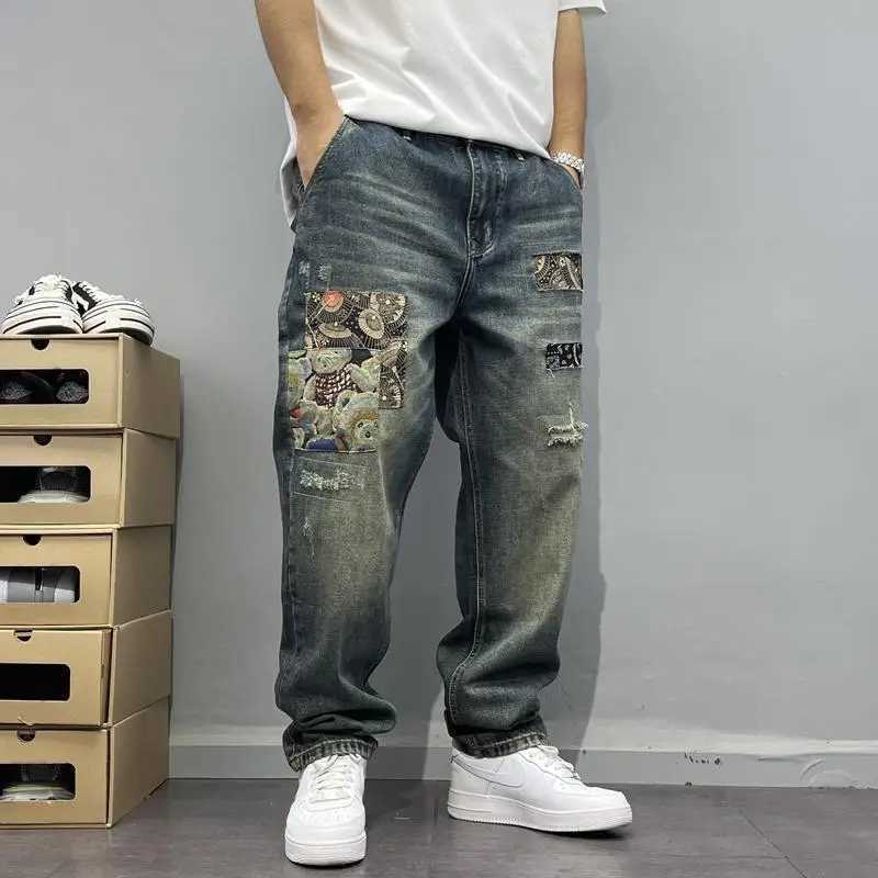 Men's Pants Laundry retro patched work jeans with patches mens loose straight leg pants street trend z250325