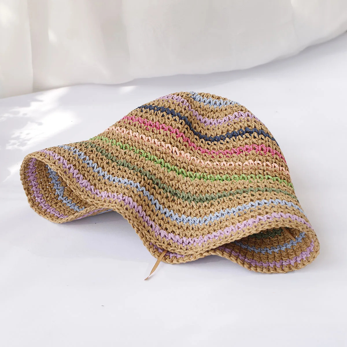 Womens straw hat crochet hat striped rainbow UV protection sunshade beach hat womens sun hat womens sun hat 250320