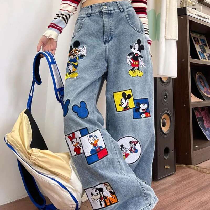 Fun Cartoon Embroidered Jeans Women Spring New Loose Fit Bmerican Style Denim Trend Casual Wide Leg Pants