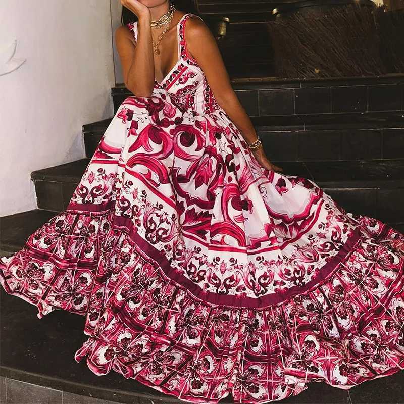 Runway 2024 Summer Runway Red White Porcelain Floral Print Long Maxi Beach Dresses Women Straps Sundress X250324
