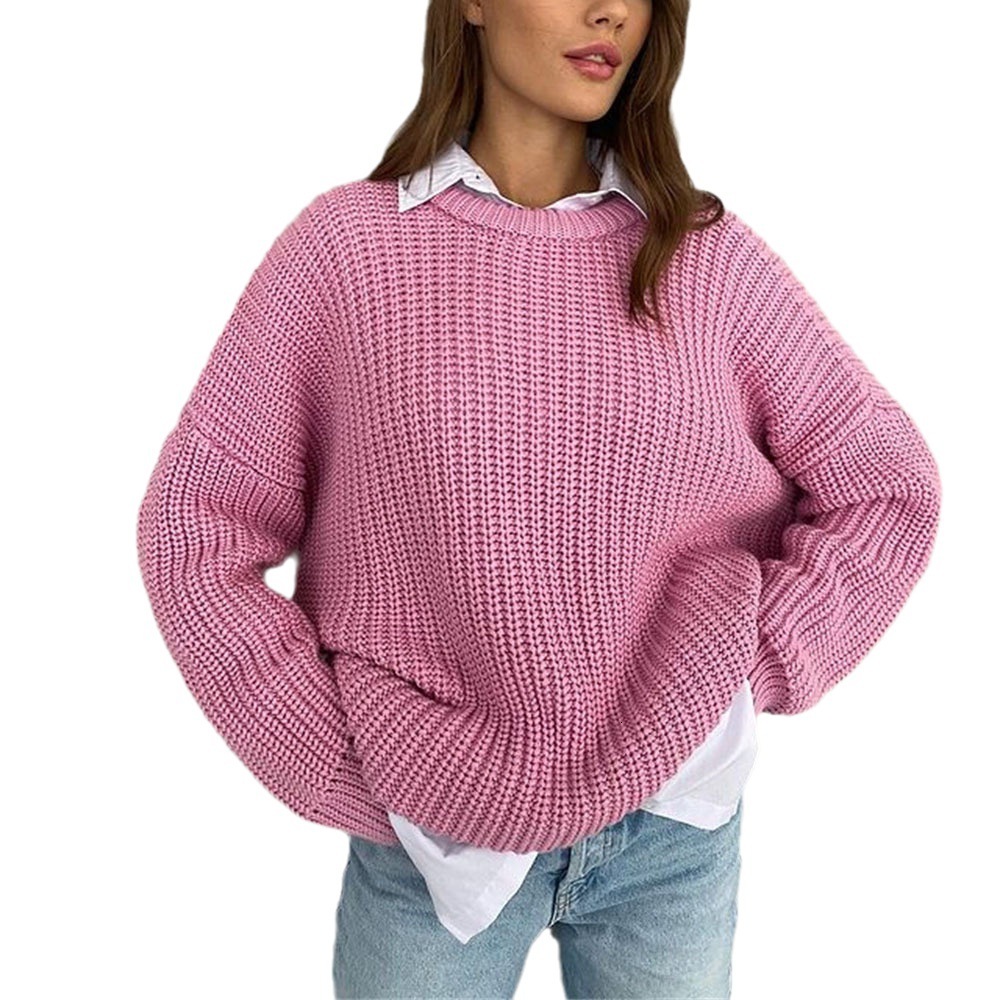 Sweater women's 2024 autumn and winter new product loose round neck solid color long sleeved lazy style knitted jacket women