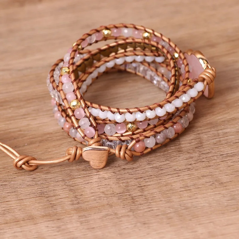 Rose Quartz Natural Stone Wrap Bracelet For Women/Men Multilayer Heart Charms Genuine Leather Boho Handmade Beaded Bracelet 250318