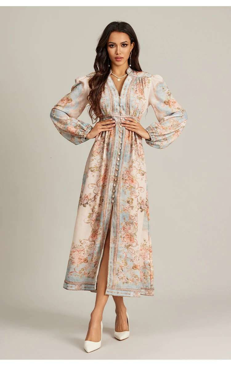 In 2025, stand - collar single -breasted printed vintage with belt. It's a mid -length dress suitable for vacation style ddmySept