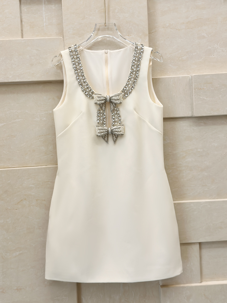 Runway Dress 2025 Apricot Tank Designer Dress Luxurious Crystals Beads Bow Dresses For WOmens 32505