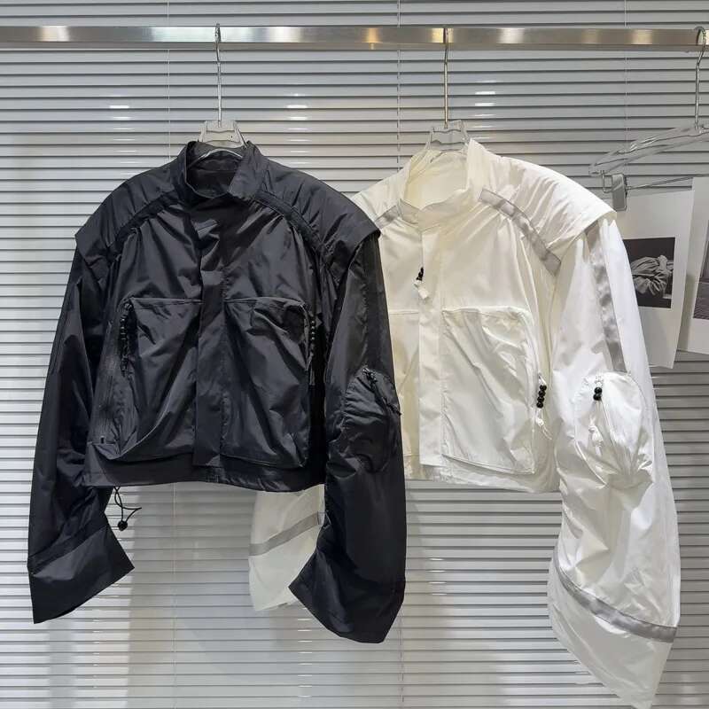 Fashion Spring New Arrival Women's Pocket Design Stand Collar Short Jacket Trendy Contrast Color Coats Female