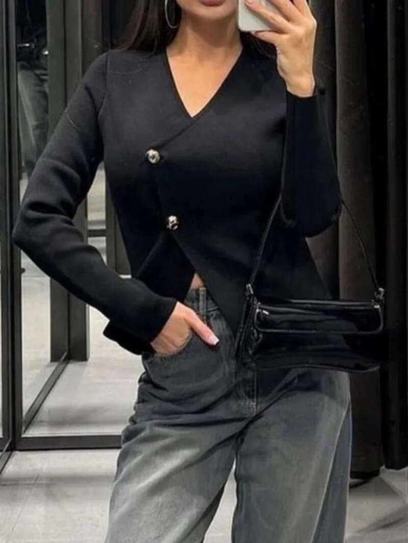 Autumn Balck Tops New Women Fashion Casual V-Neck Asymmetric Knitted Sweater Jacket Female Cardigans