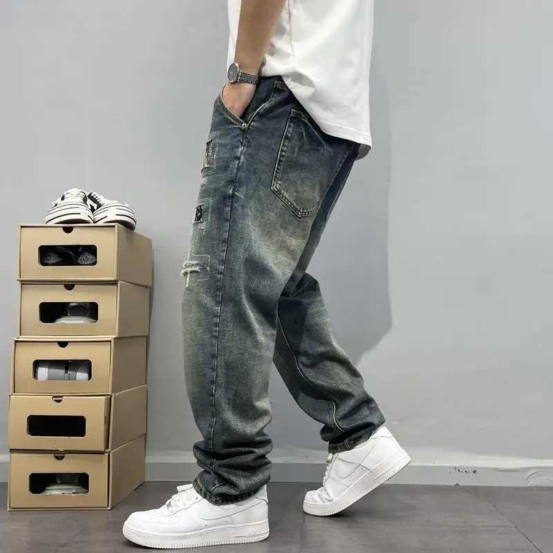 Men's Pants Laundry retro patched work jeans with patches mens loose straight leg pants street trend z250325