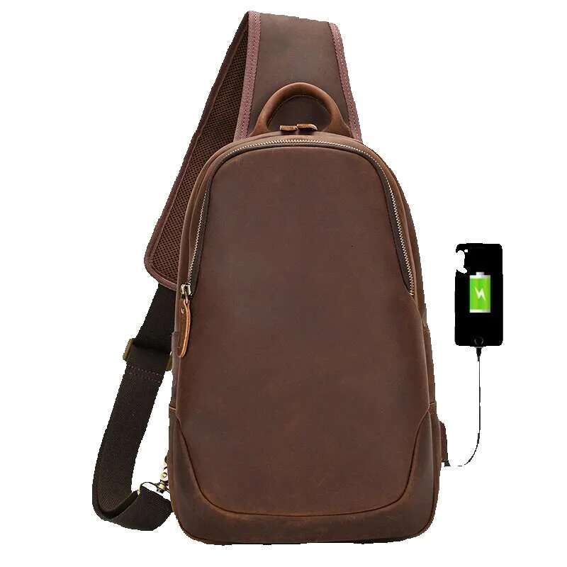 Men's Bags Leather Packs Chest Pack Usb Cable Crossbody Outdoor Sports Bagpack Single Shoulder Anti Theft Bag Male