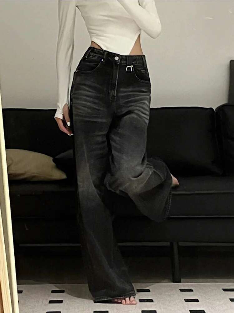 HOUZHOU Vintage Black Wide Leg Jeans Women Oversized High Street Korean Fashion Baggy Denim Trousers Grunge Y2k Female Hip Hop