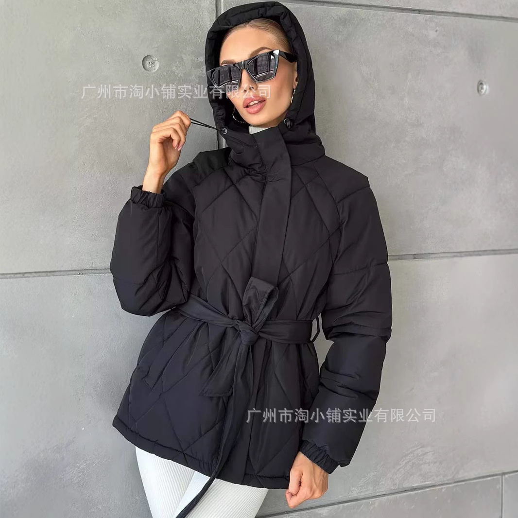2025 Hooded Cotton New Product Thickened Autumn/Winter Fashion Jacket Women's Solid Color Belt Warm Coat Zipper