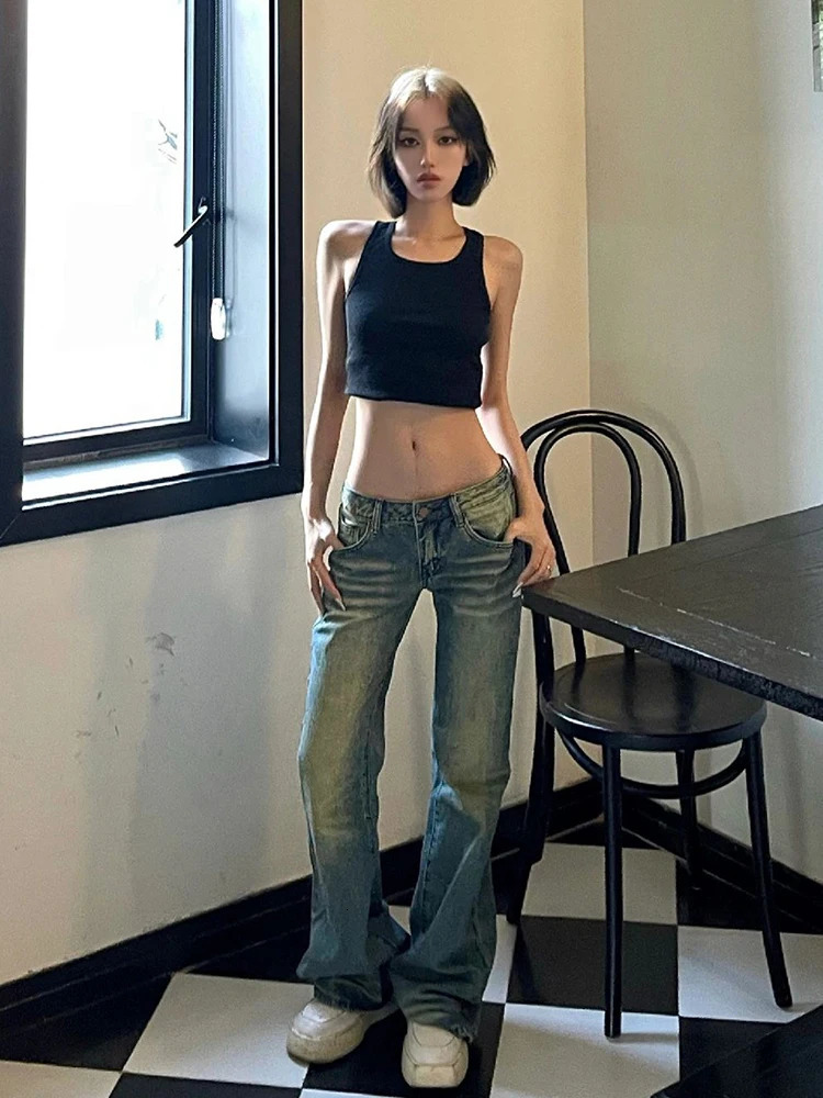 Flare Jeans Womens Retro American Style Low Waist Trouser Distressed Street Wear Retro Loose Casual Cool Ins Chic 250321