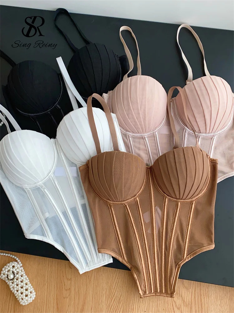 SINGREINY Fashion Solid Corset Lingerie Top Ladies Strap Sheer Mesh Slim Camisole American Retro Backless Beach Sexy Tank Top250324