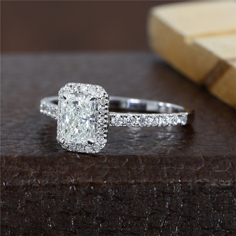 Jewelry 14K White Real Gold Ring 1.0CT Lab Grown Diamond Halo Half Band Ring Engagement Ring For Women IGI Certificate Wedding Womens Ring