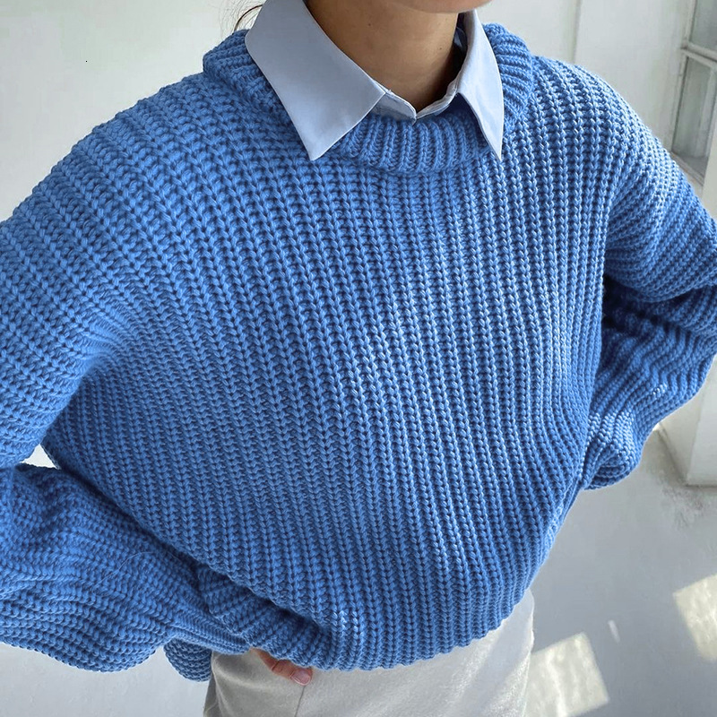 Sweater women's 2024 autumn and winter new product loose round neck solid color long sleeved lazy style knitted jacket women
