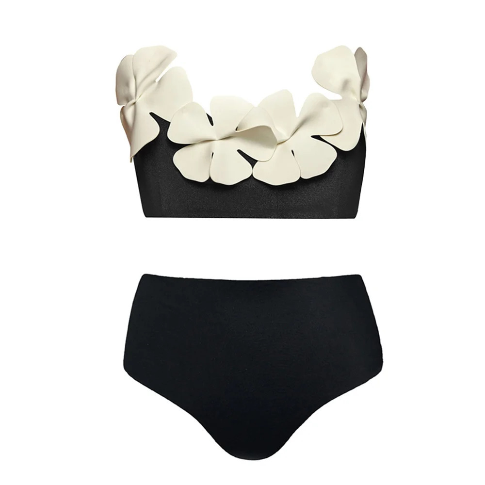 Fashion Solid Color Bikini Three-Dimensional Flower Tube Top Swimsuit Sexy High Waist Cut Swimwear Open Back Elegant250324