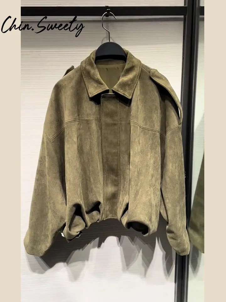Vintage Suede Solid Women Jacket Casual Lapel Zippers Covered Button Female Coats 2025 Spring Autumn Street Lady Outwear 250325