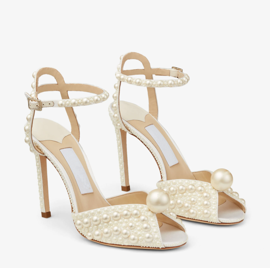 Bridal Wedding Pumps Woman Sandal Sacora 10cm Ivory Floral Lace Sandals with Big Pearls
