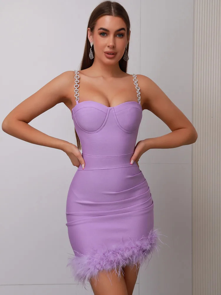 Womens Celebrity Sexy V-neck Purple Pink Feather Mini Body Bandage Dress Knitted Elegant Nightclub Party Dress 250322