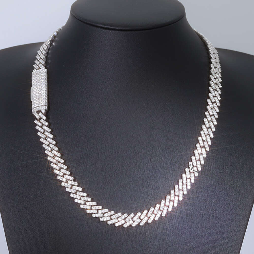 Hip Hop Jewelry 10mm Wide Single Row Vvs Moissanite Diamond Iced Out Silver Cuban Link Chain Necklace