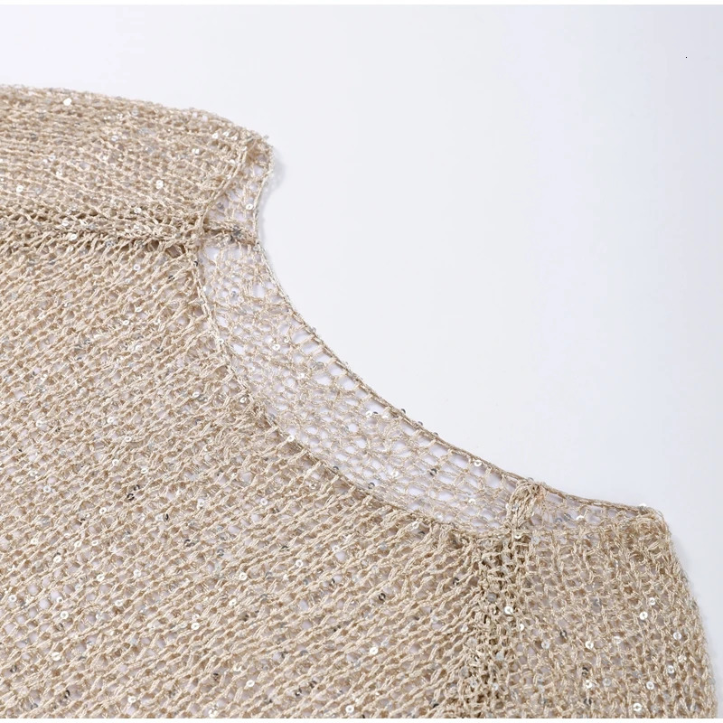 Sequins Hollow Out Knit Pullover Women Loose O-neck Long Sleeve Sweaters Spring Sexy Glitter Lady Shirts 250325