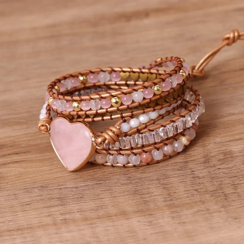 Rose Quartz Natural Stone Wrap Bracelet For Women/Men Multilayer Heart Charms Genuine Leather Boho Handmade Beaded Bracelet 250318