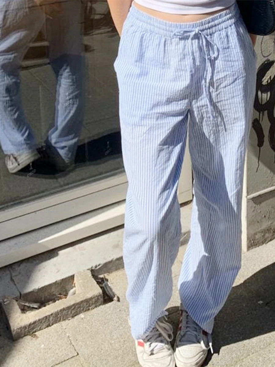 Womens striped printed pants with drawstring and elastic waist loose pockets streetwear 250324Z