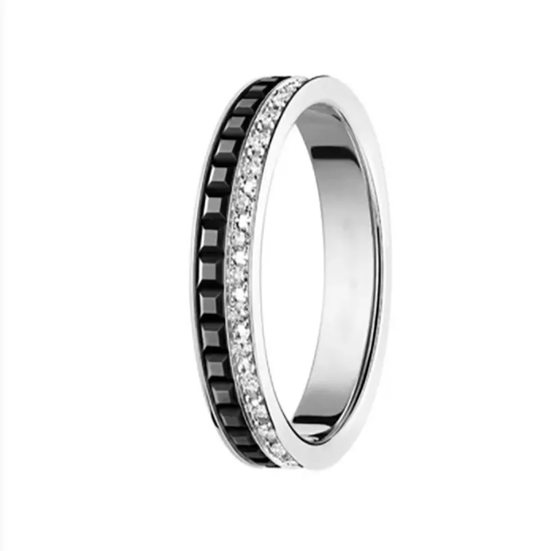 Elegant Silver Diamond Wedding Band - Luxury Engagement Ring Set with Black & White Diamond Accents for Women and Men
