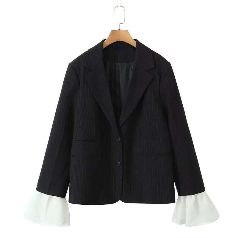 Autumn Women's Detachable Splice V Neck Woman Coats Fashion Striped Loose Long Sleeve Blazer Jacket Women Suit