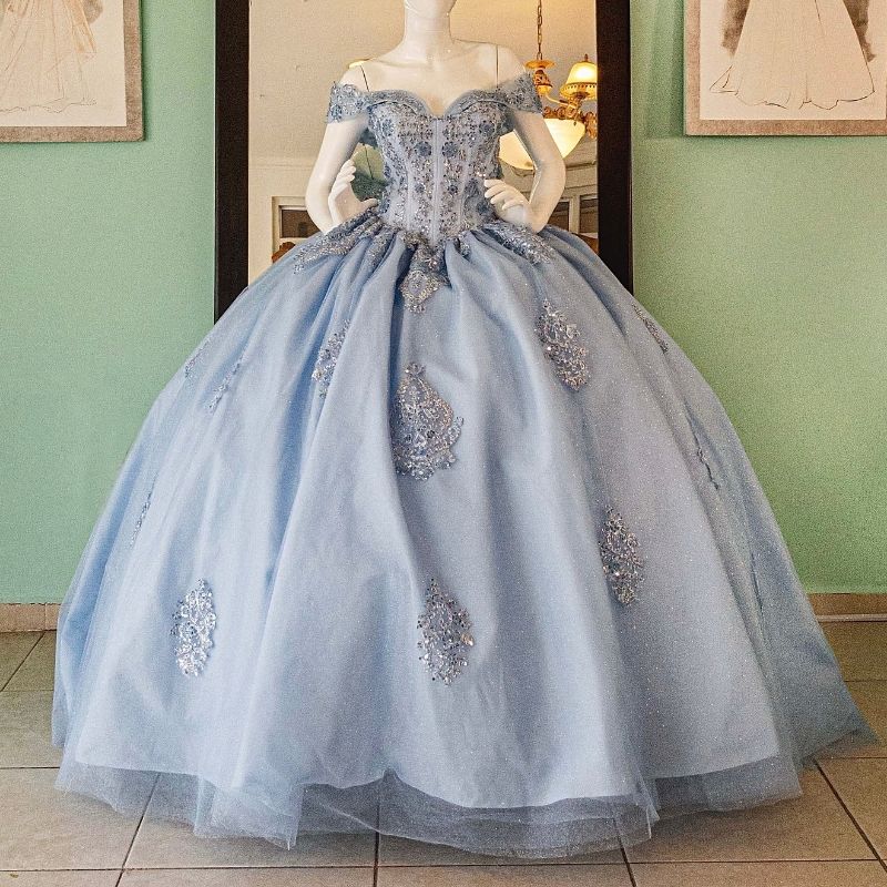 Light Blue Shiny Off The Shoulder Beading Crystal Quinceanera Dresses Ball Gown Appliques Lace Tull Sweet 15 Vestidos De XV Anos Sweet 16 Dress